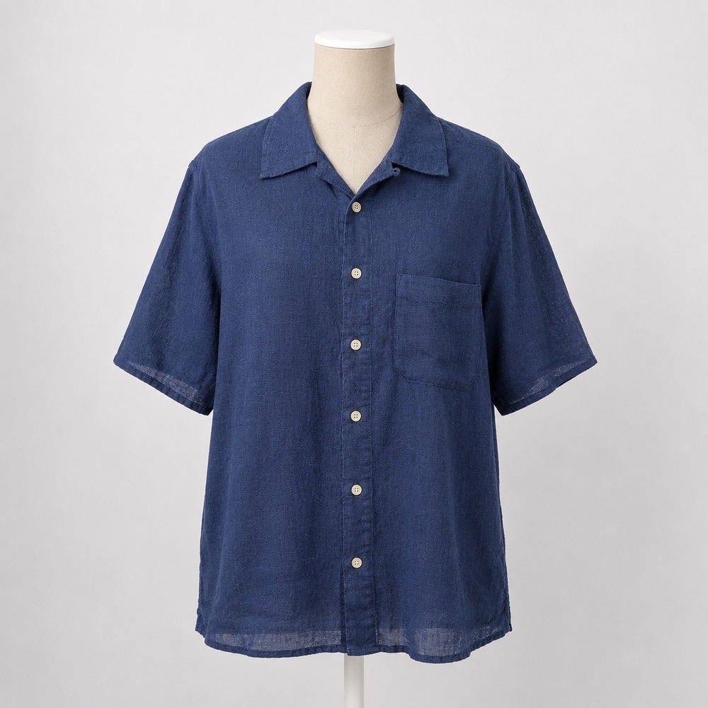 Banana Republic Mens 100% Linen Short Sleeve Button Shirt Size M Navy Blue Beach